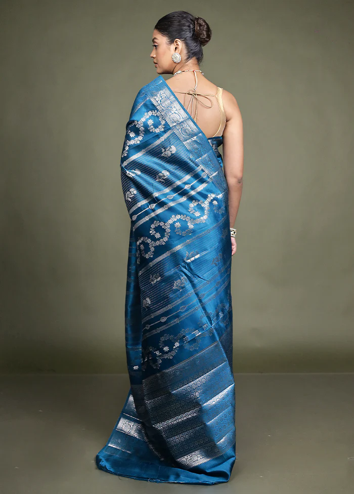 Blue Handloom Dupion Pure Silk Saree With Blouse Piece - Image 3