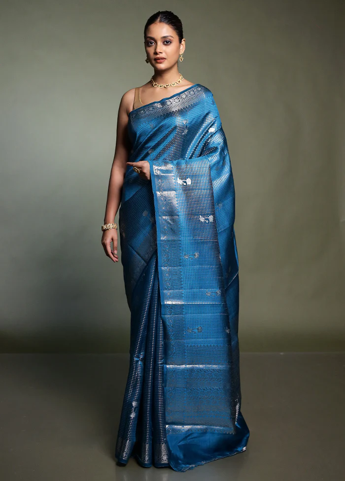 Blue Handloom Dupion Pure Silk Saree With Blouse Piece - Image 2