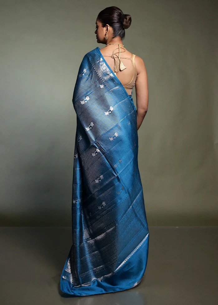 Blue Handloom Dupion Pure Silk Saree With Blouse Piece - Image 3