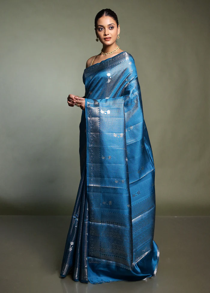 Blue Handloom Dupion Pure Silk Saree With Blouse Piece - Image 4