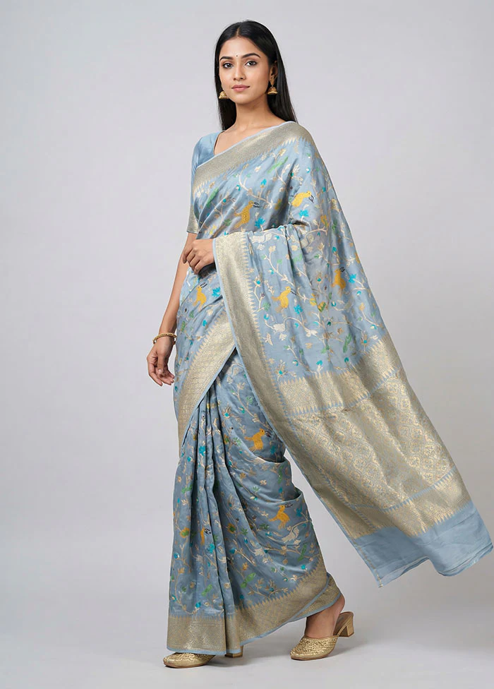 Blue Handloom Dupion Pure Silk Saree With Blouse Piece
