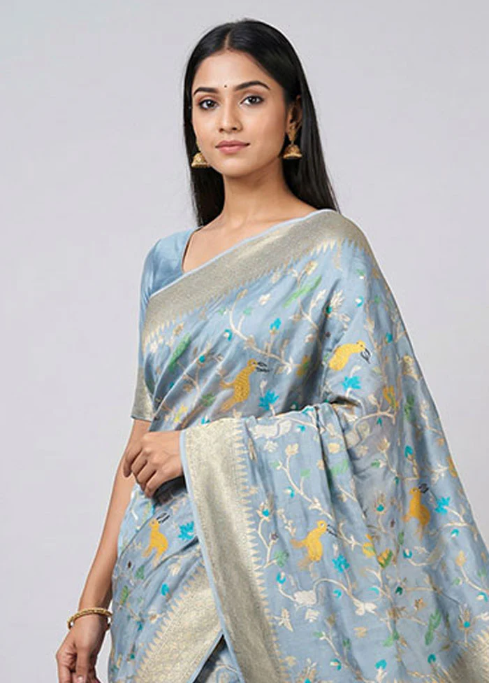 Blue Handloom Dupion Pure Silk Saree With Blouse Piece - Image 2