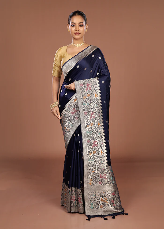 Blue Handloom Dupion Pure Silk Saree With Blouse Piece - Image 2
