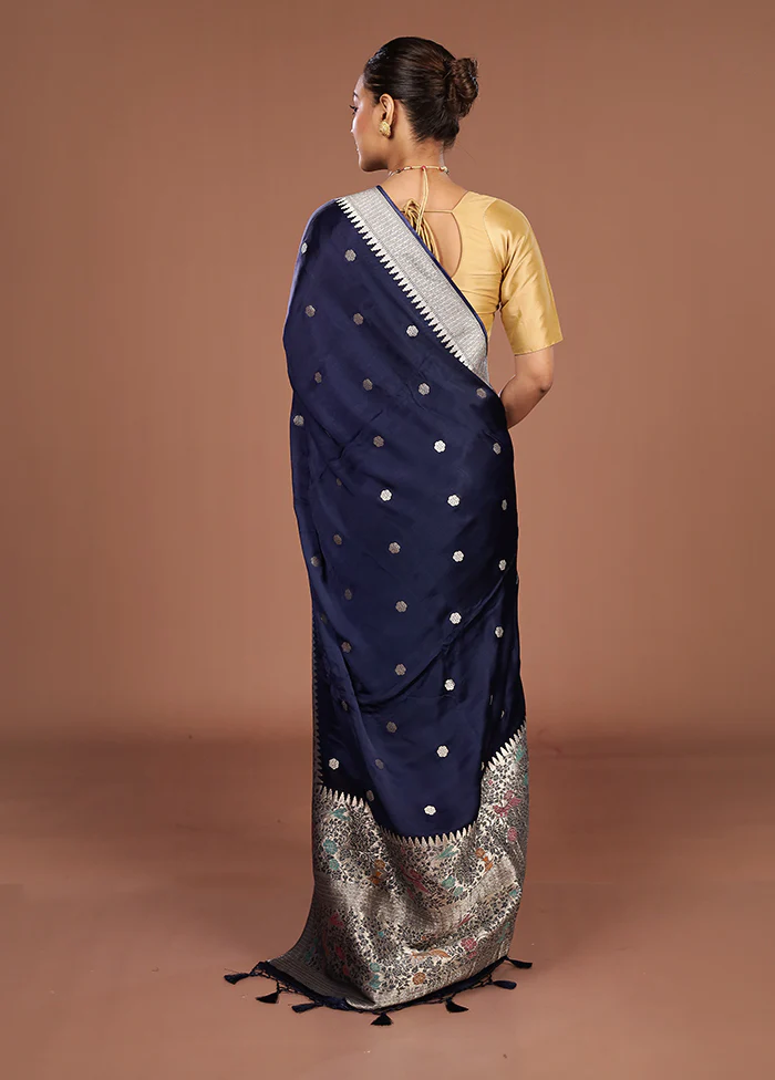 Blue Handloom Dupion Pure Silk Saree With Blouse Piece - Image 3