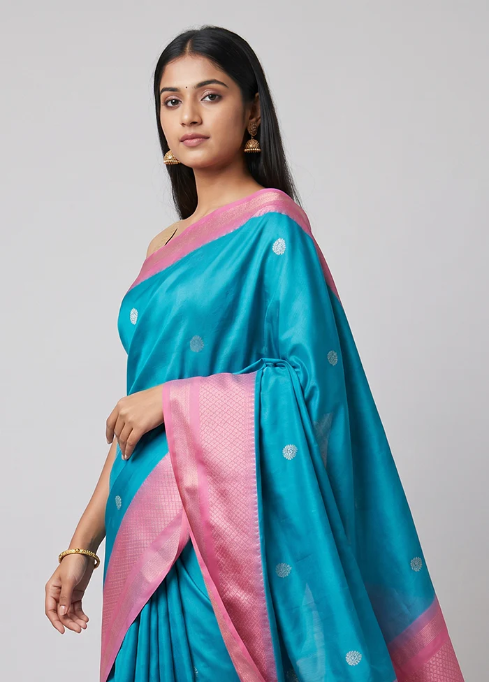 Blue Handloom Dupion Pure Silk Saree With Blouse Piece - Image 2