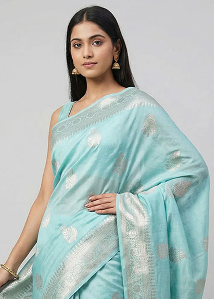 Blue Handloom Dupion Pure Silk Saree With Blouse Piece - Image 2