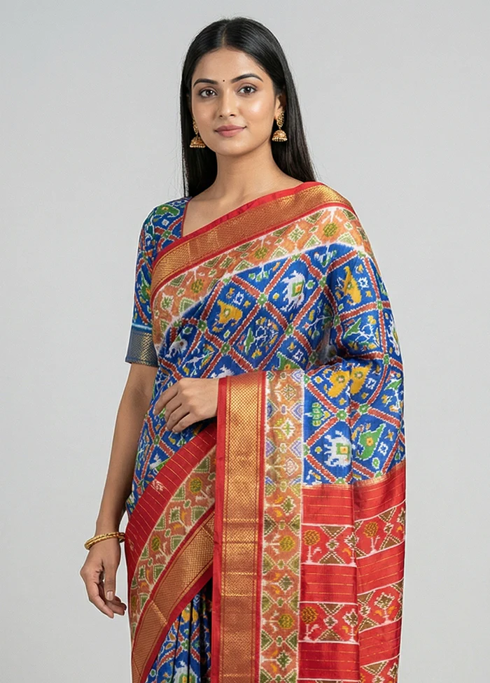 Blue Handloom Ikkat Pure Silk Saree With Blouse Piece - Image 2