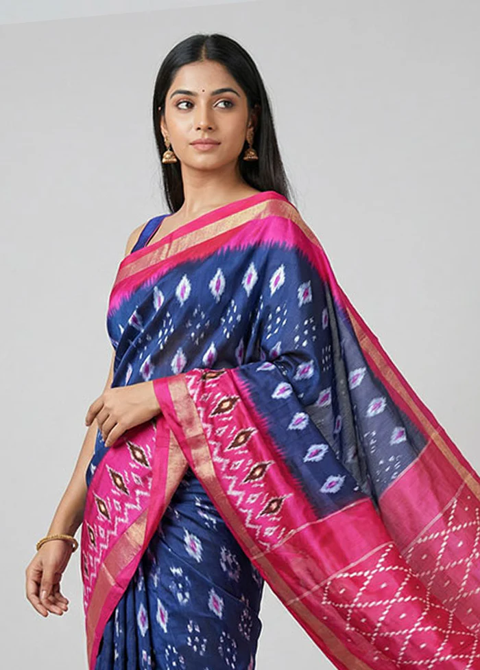 Blue Handloom Ikkat Pure Silk Saree With Blouse Piece - Image 2