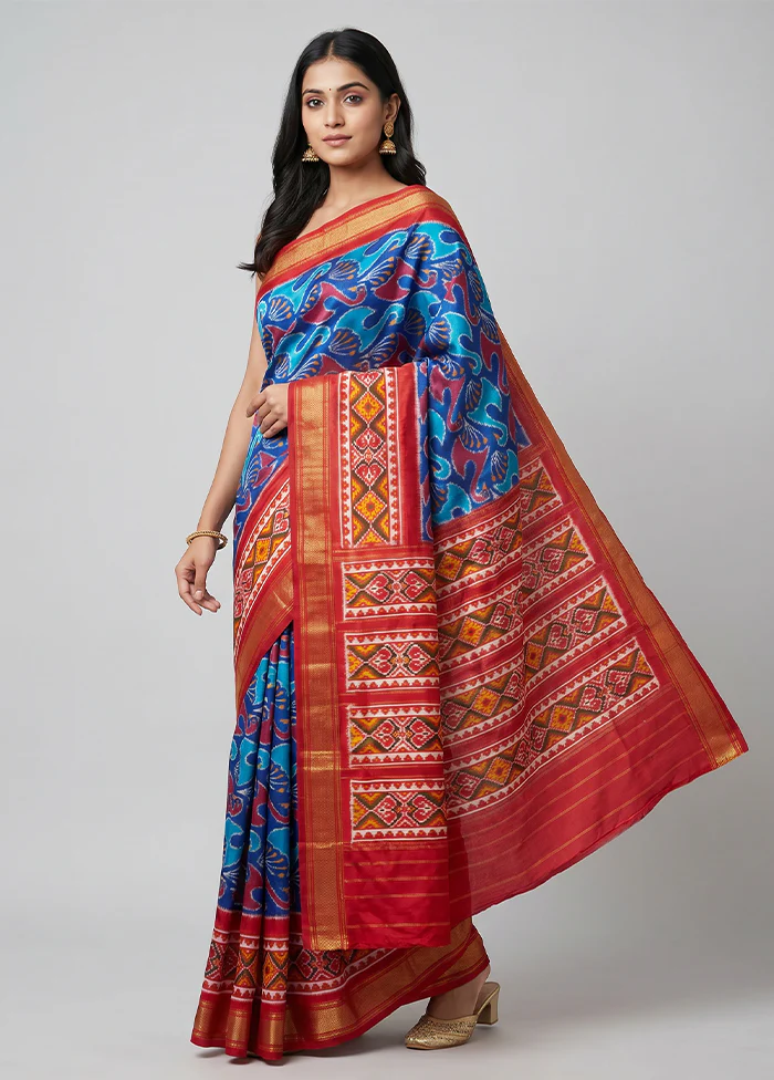 Blue Handloom Ikkat Pure Silk Saree With Blouse Piece