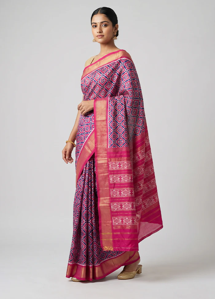 Blue Handloom Ikkat Pure Silk Saree With Blouse Piece