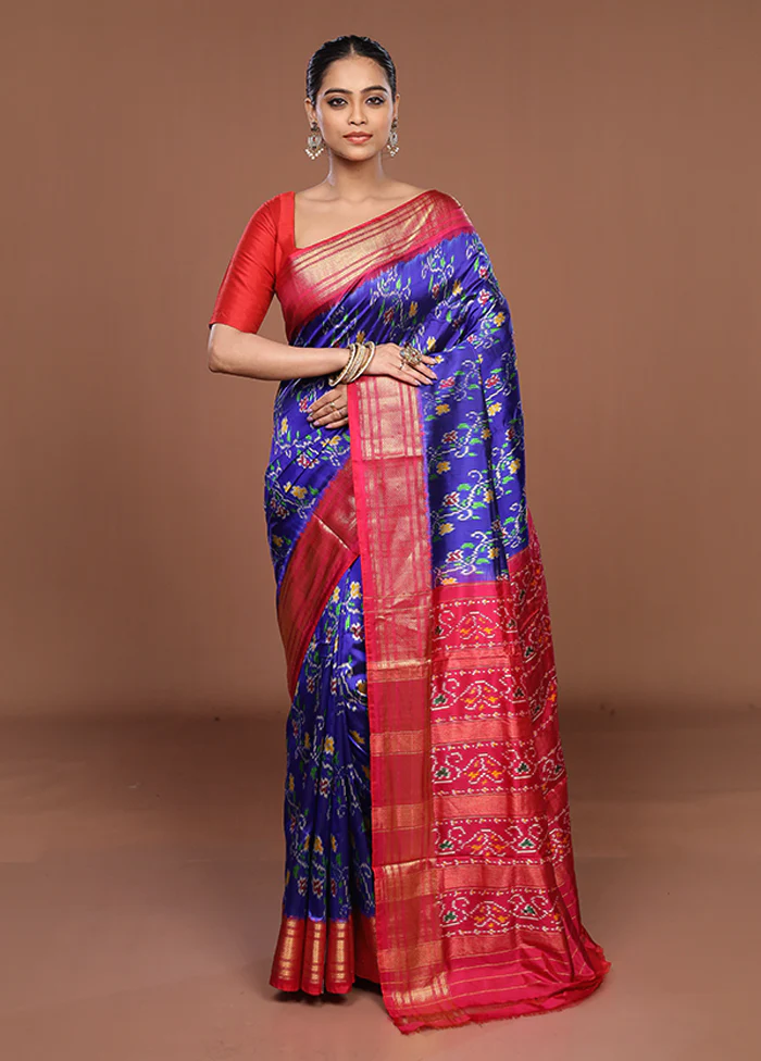 Blue Handloom Ikkat Pure Silk Saree With Blouse Piece - Image 2