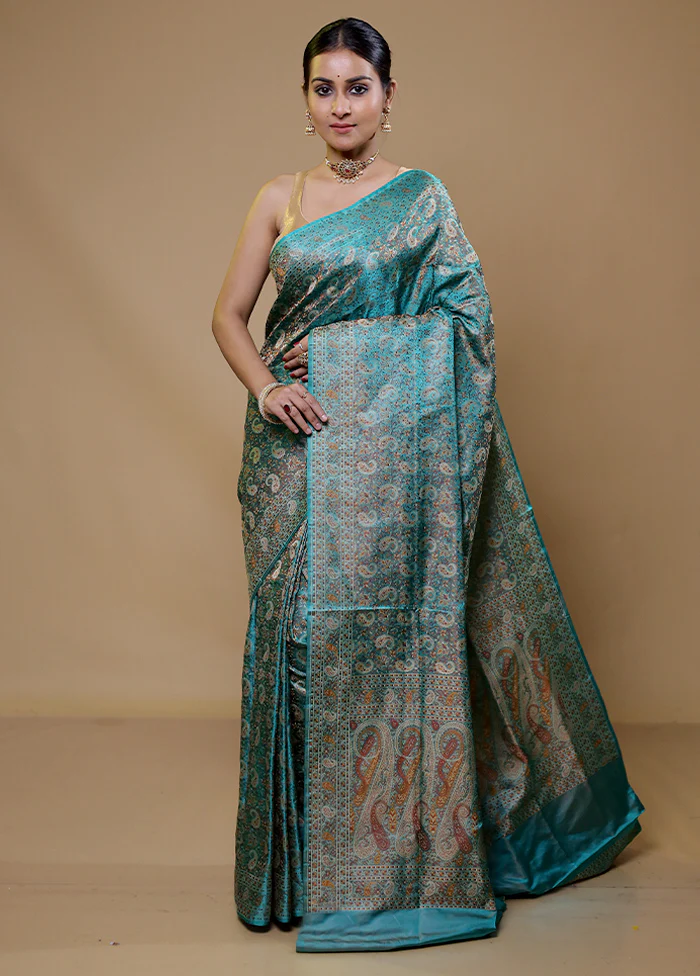 Blue Handloom Jamewar Pure Silk Saree With Blouse Piece - Image 2