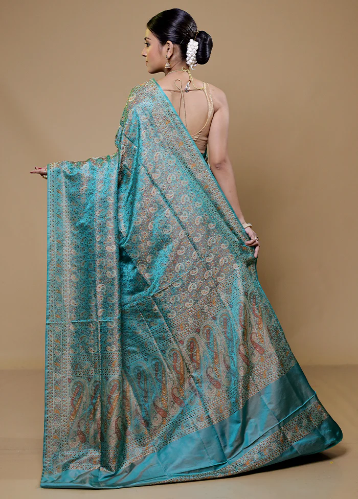 Blue Handloom Jamewar Pure Silk Saree With Blouse Piece - Image 3