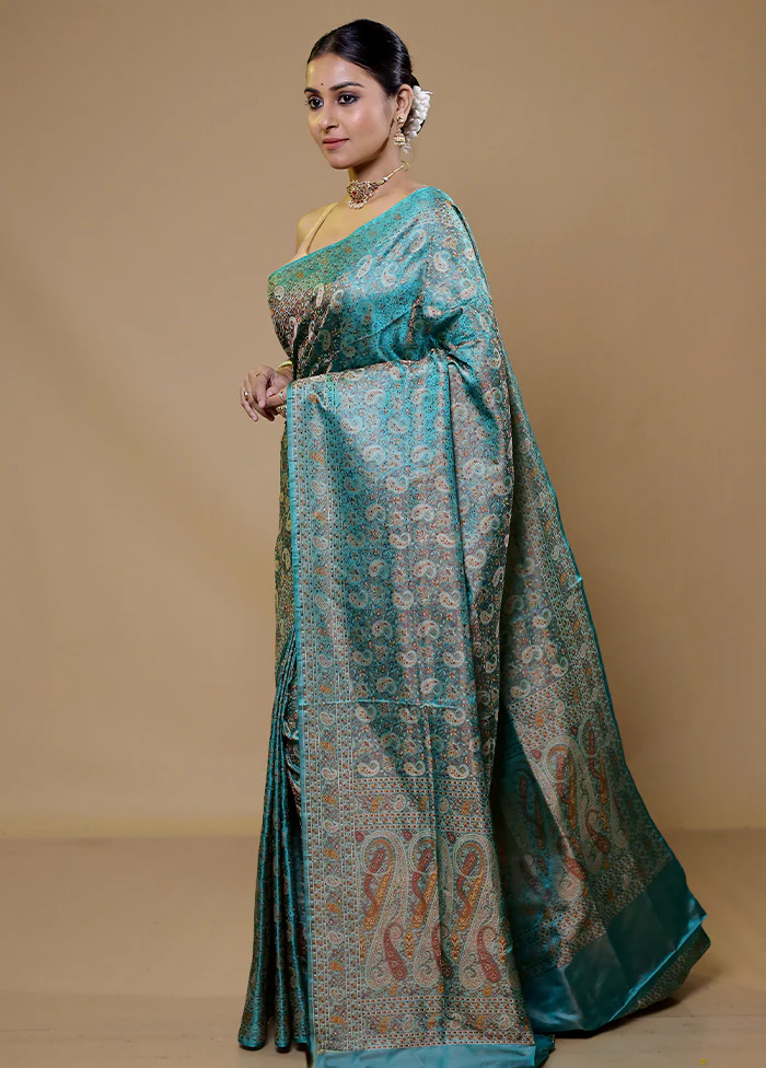Blue Handloom Jamewar Pure Silk Saree With Blouse Piece - Image 4