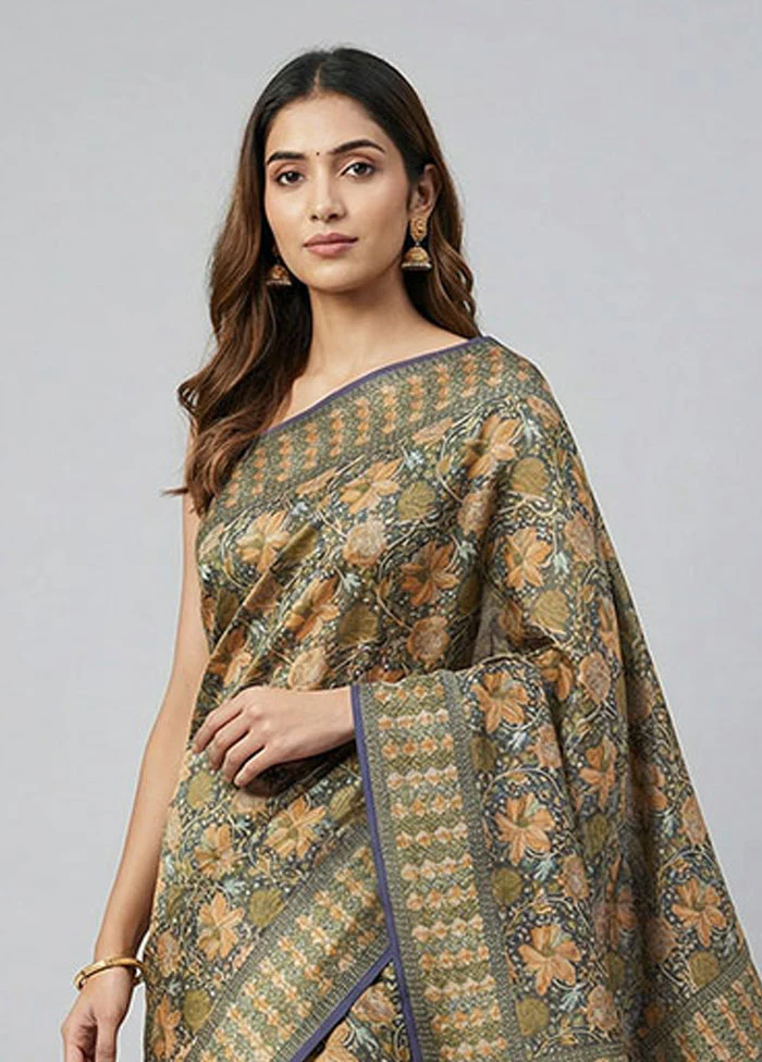 Blue Handloom Jamewar Pure Silk Saree With Blouse Piece - Image 2