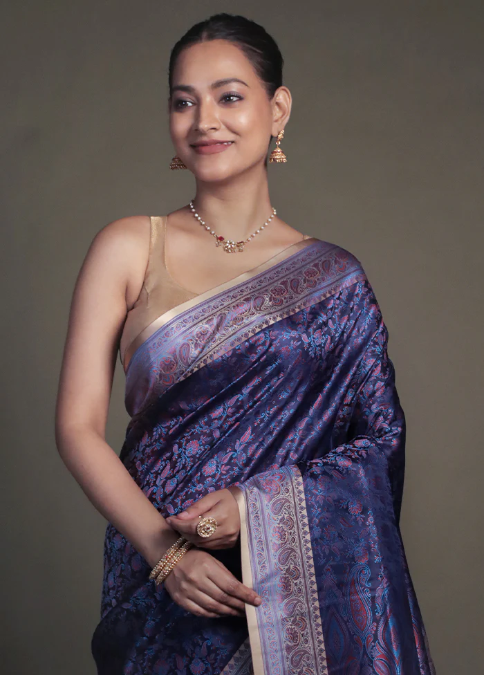 Blue Handloom Jamewar Pure Silk Saree With Blouse Piece - Image 2