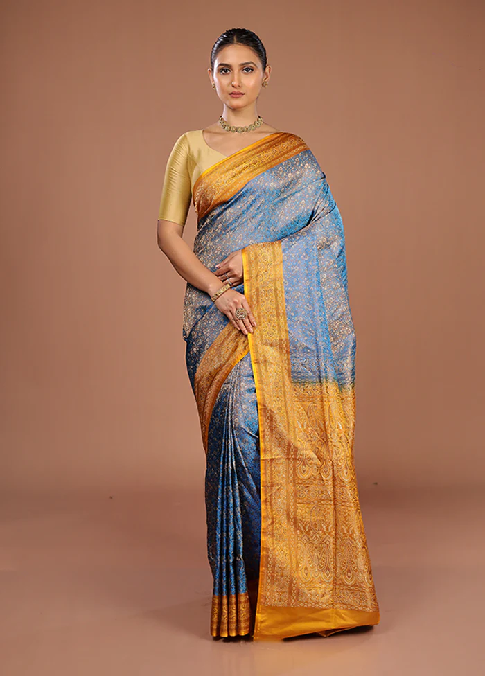 Blue Handloom Jamewar Pure Silk Saree With Blouse Piece - Image 2