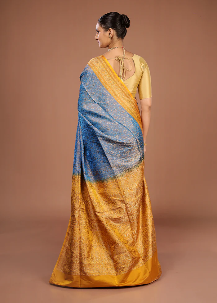 Blue Handloom Jamewar Pure Silk Saree With Blouse Piece - Image 3