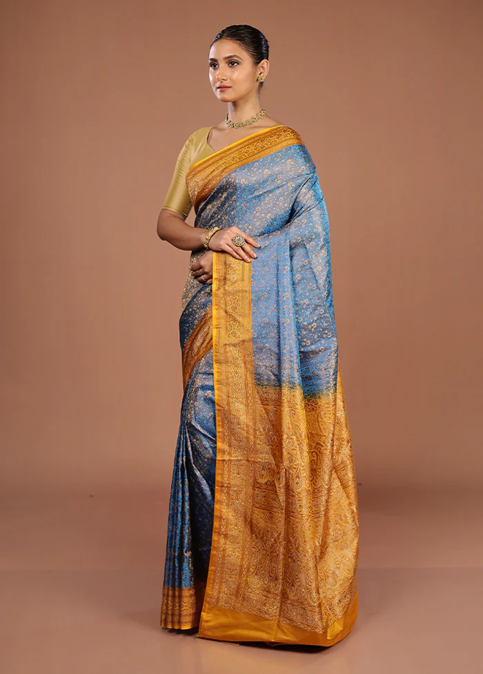 Blue Handloom Jamewar Pure Silk Saree With Blouse Piece - Image 4
