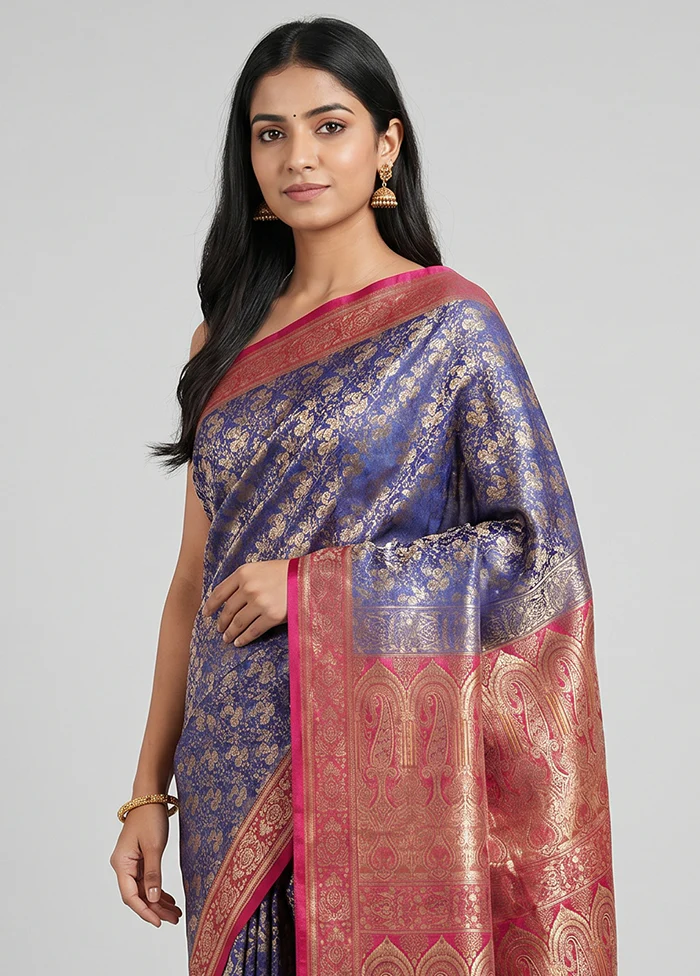 Blue Handloom Jamewar Pure Silk Saree With Blouse Piece - Image 2