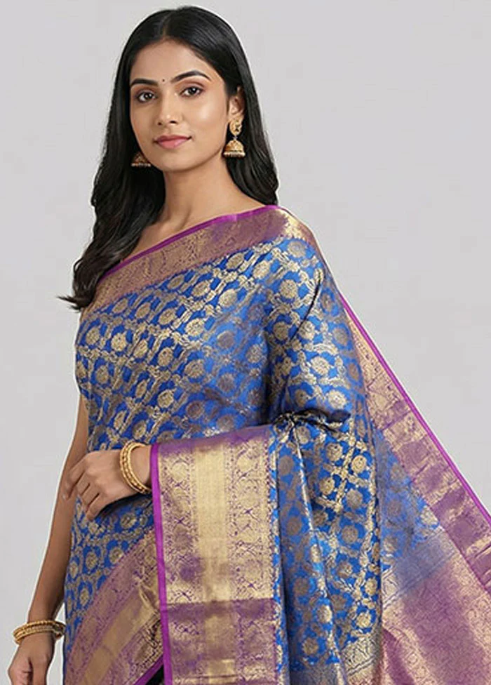 Blue Handloom Kanchipuram Pure Silk Saree With Blouse Piece - Image 2