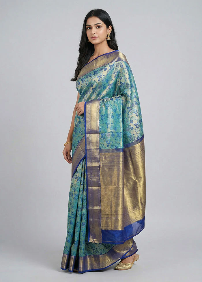 Blue Handloom Kanchipuram Pure Silk Saree With Blouse Piece