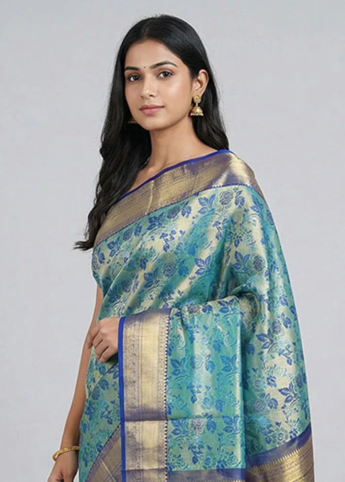 Blue Handloom Kanchipuram Pure Silk Saree With Blouse Piece - Image 2