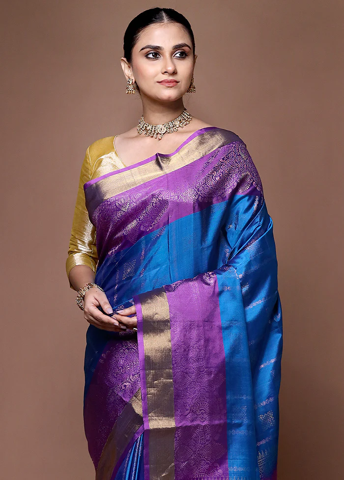 Blue Handloom Kanchipuram Pure Silk Saree With Blouse Piece - Image 2