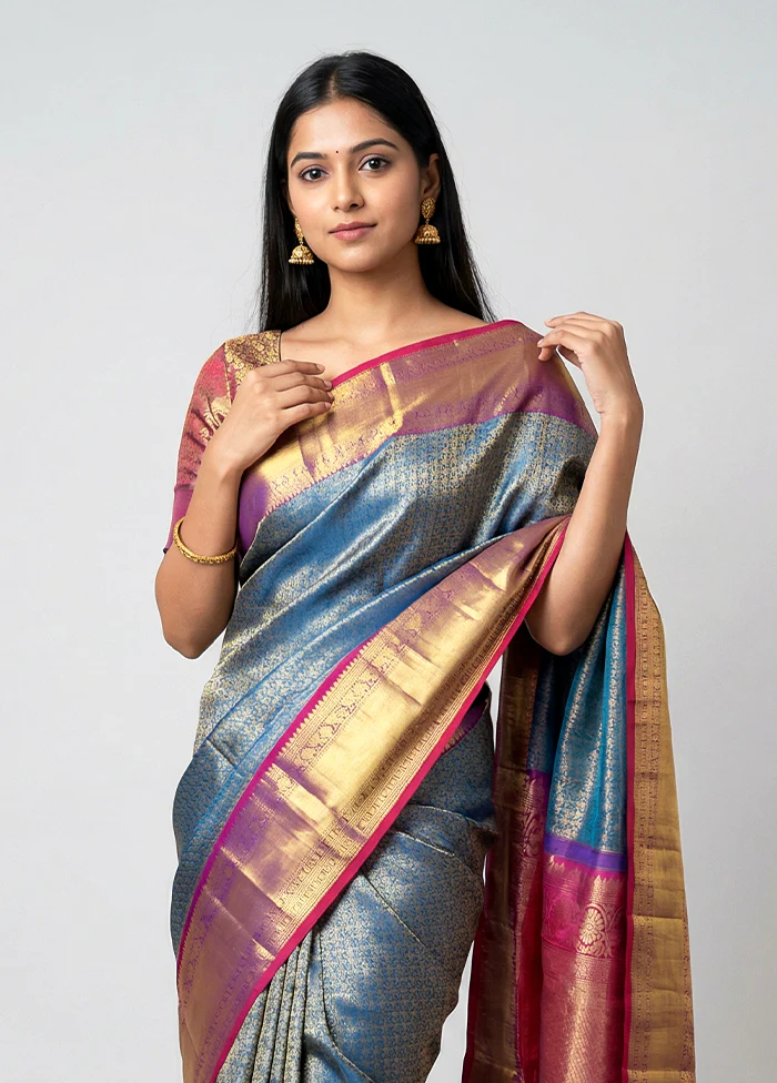 Blue Handloom Kanchipuram Pure Silk Saree With Blouse Piece - Image 2