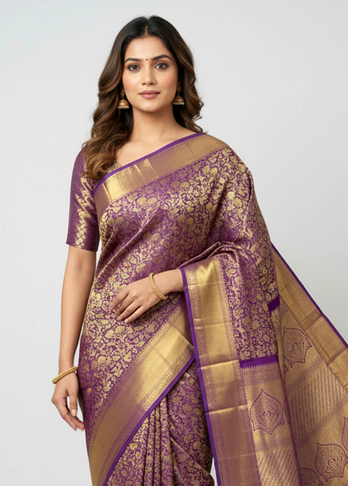 Blue Handloom Kanchipuram Pure Silk Saree With Blouse Piece - Image 2