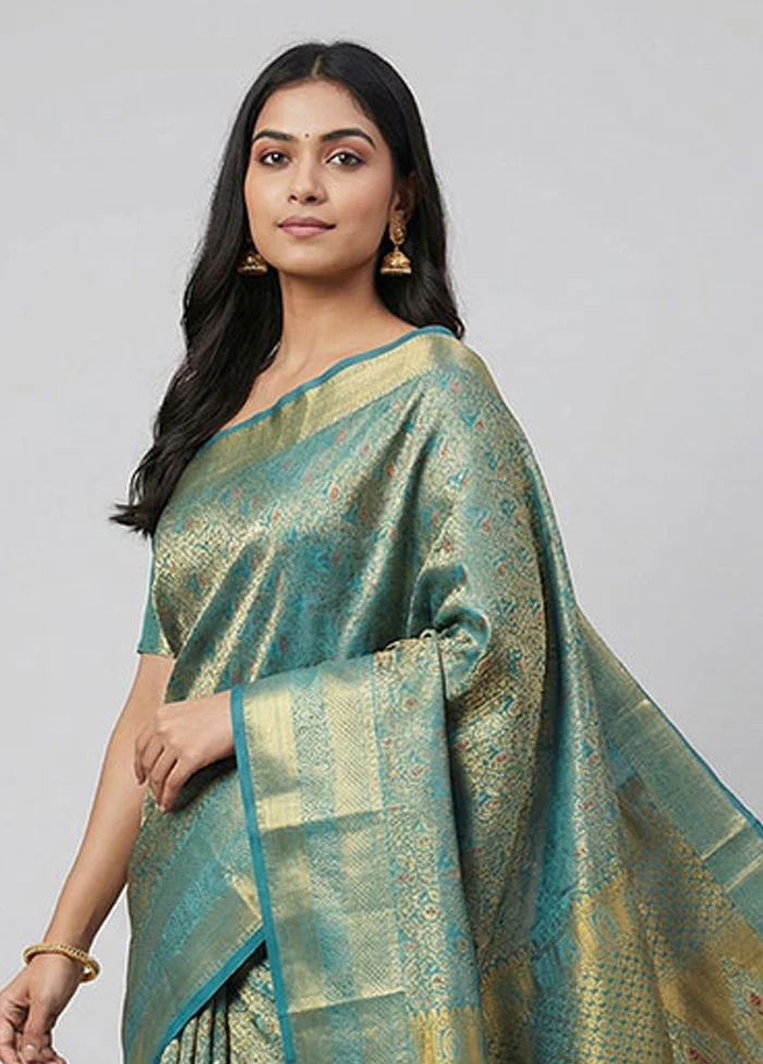 Blue Handloom Kanchipuram Pure Silk Saree With Blouse Piece - Image 2