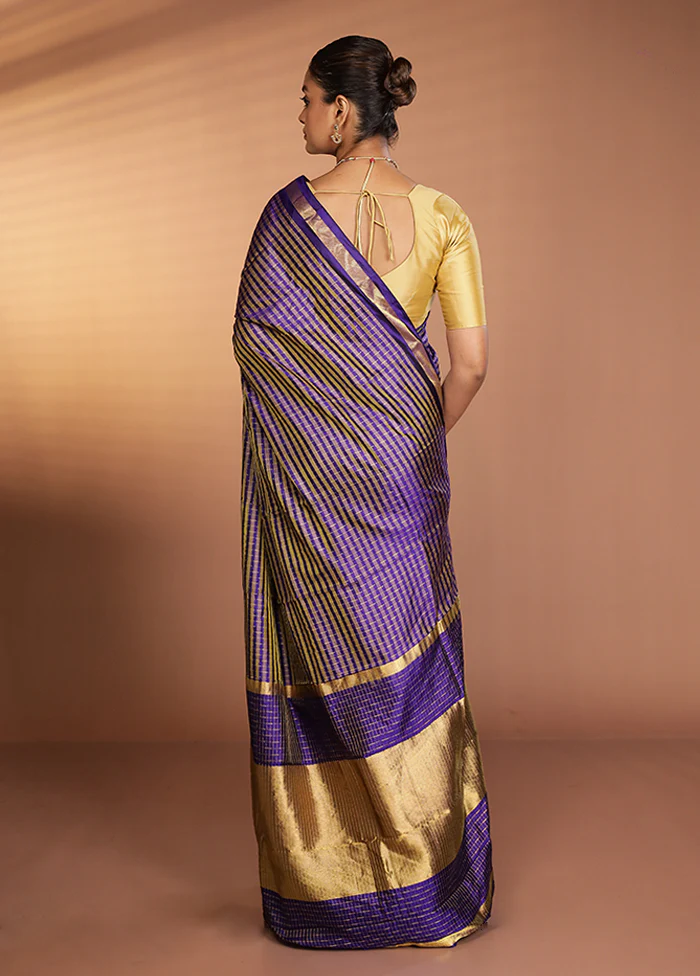 Blue Handloom Kanjivaram Pure Silk Saree With Blouse Piece - Image 3
