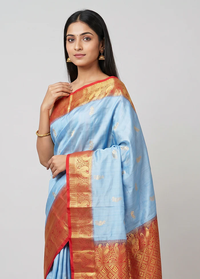 Blue Handloom Kanjivaram Pure Silk Saree With Blouse Piece - Image 2