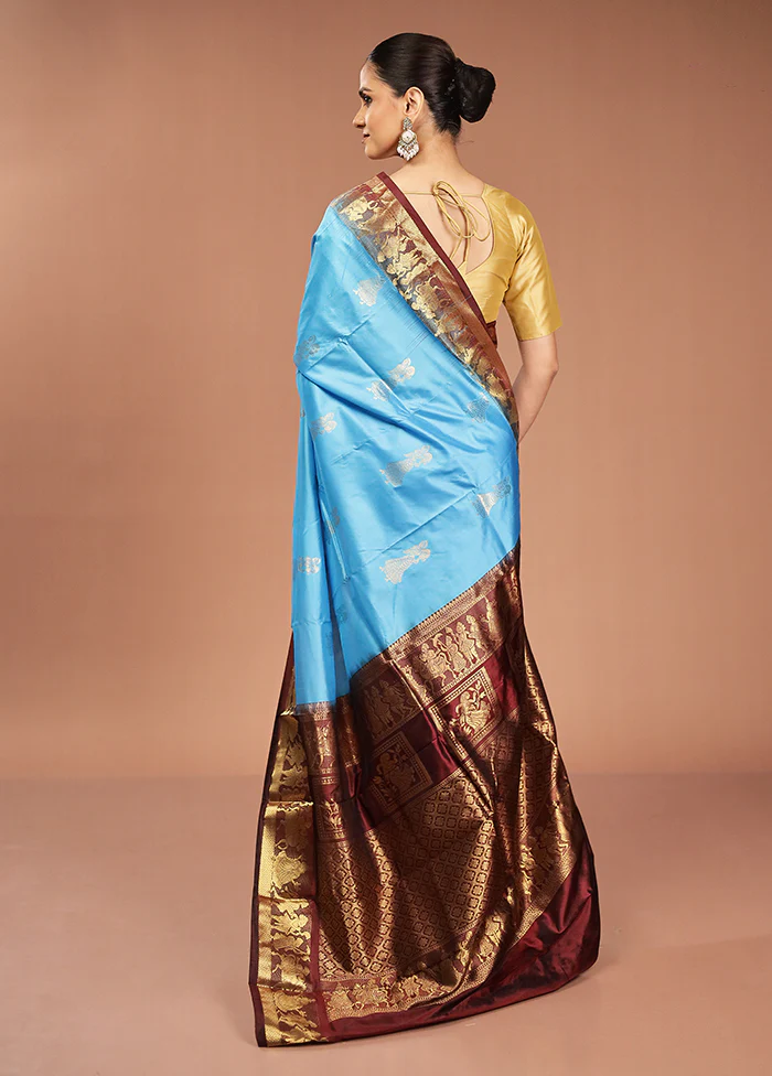 Blue Handloom Kanjivaram Pure Silk Saree With Blouse Piece - Image 3