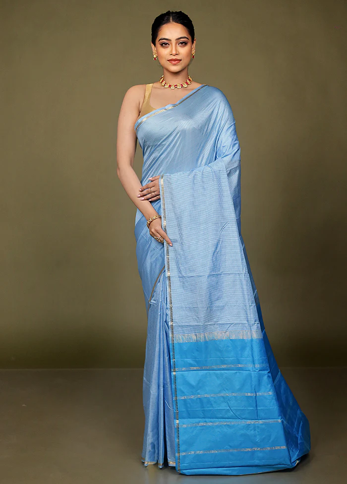 Blue Handloom Kanjivaram Pure Silk Saree With Blouse Piece - Image 2