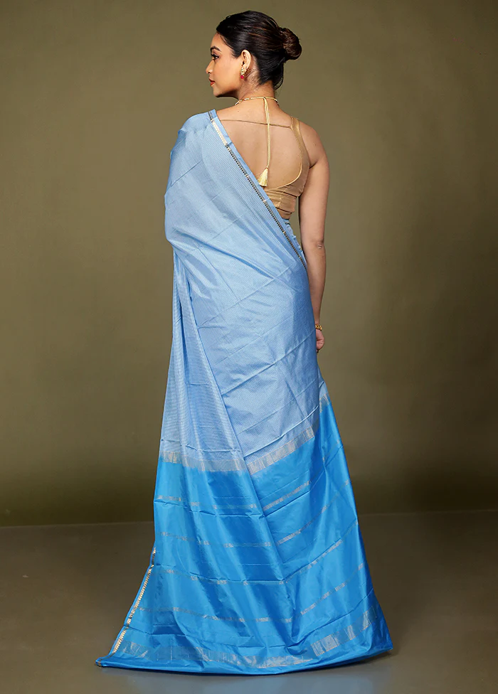Blue Handloom Kanjivaram Pure Silk Saree With Blouse Piece - Image 3