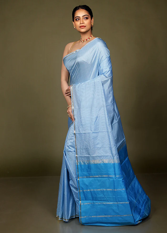Blue Handloom Kanjivaram Pure Silk Saree With Blouse Piece - Image 4
