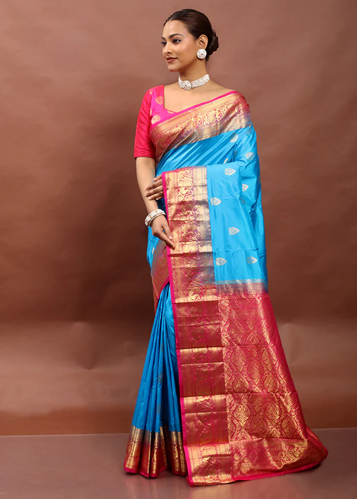 Blue Handloom Kanjivaram Pure Silk Saree With Blouse Piece - Image 4