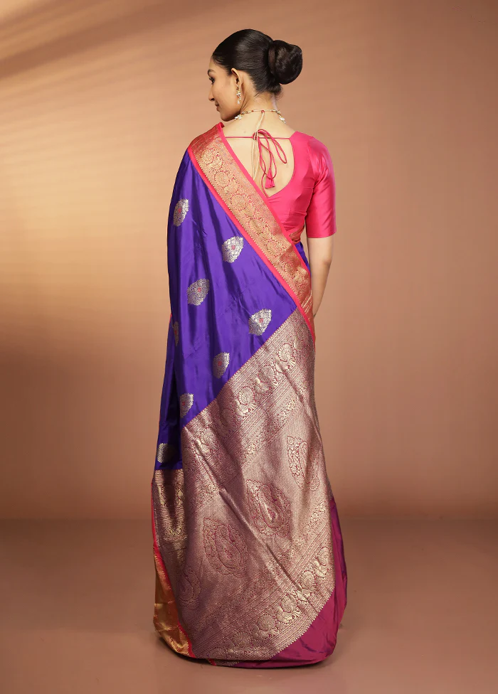 Blue Handloom Kanjivaram Pure Silk Saree With Blouse Piece - Image 3