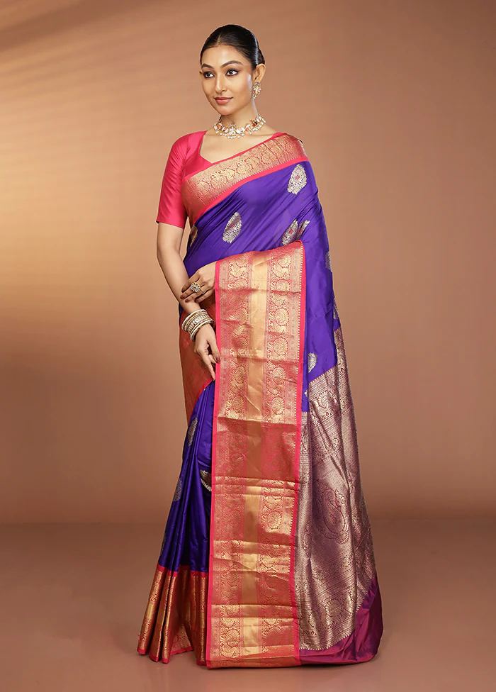 Blue Handloom Kanjivaram Pure Silk Saree With Blouse Piece - Image 4