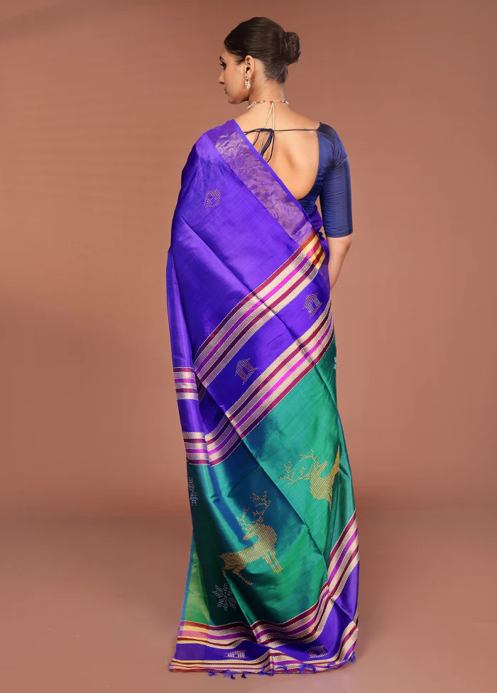 Blue Handloom Kalakshetra Pure Silk Saree With Blouse Piece - Image 3