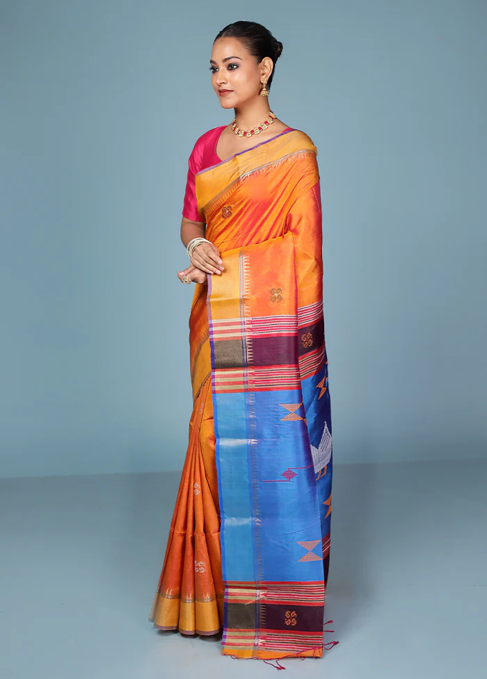 Blue Handloom Kanjivaram Pure Silk Saree With Blouse Piece - Image 4