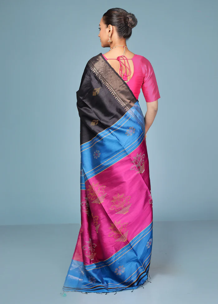 Black Handloom Kanjivaram Pure Silk Saree With Blouse Piece - Image 3