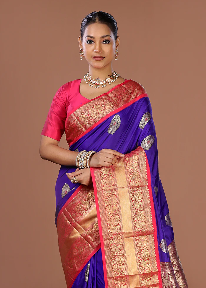 Blue Handloom Kanjivaram Pure Silk Saree With Blouse Piece