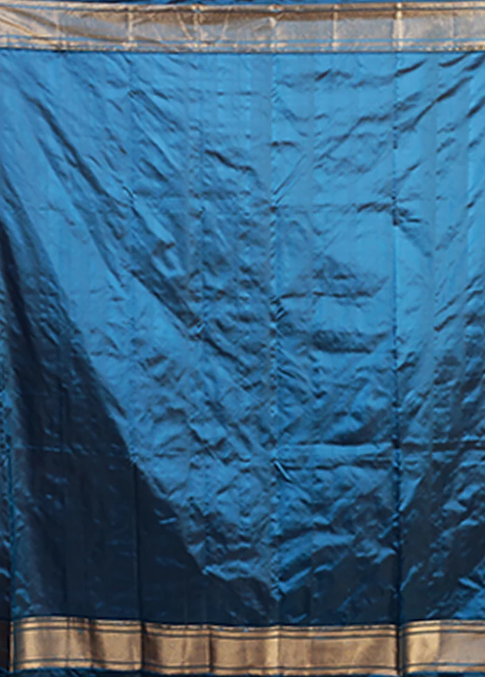 Blue Handloom Kanjivaram Pure Silk Saree With Blouse Piece - Image 5