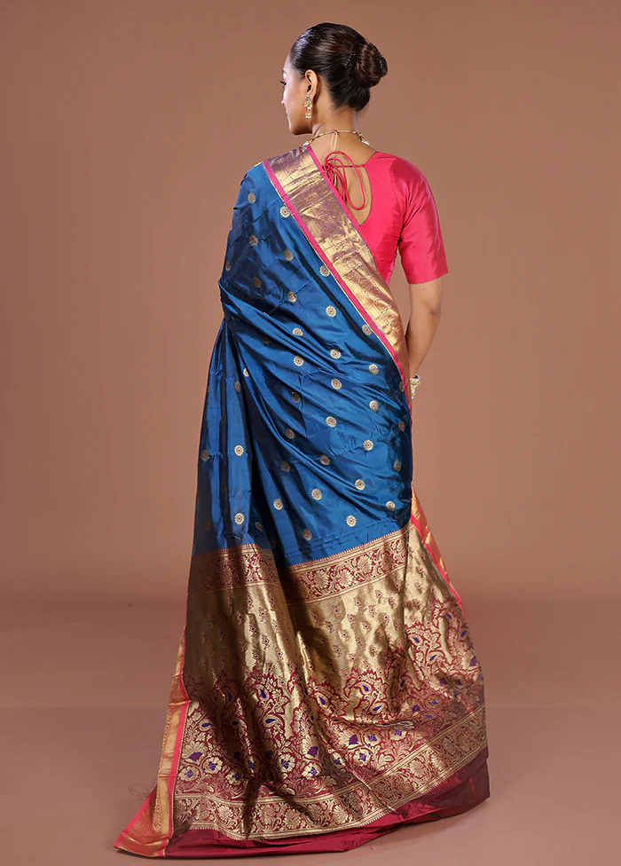 Blue Handloom Kanjivaram Pure Silk Saree With Blouse Piece - Image 3