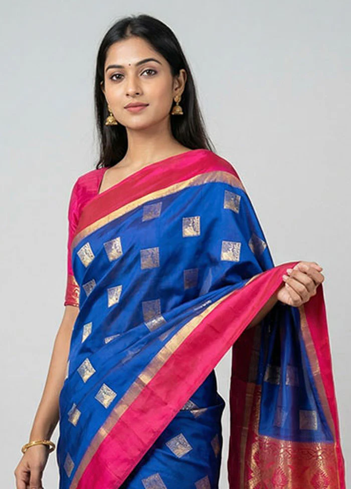 Blue Handloom Kanjivaram Pure Silk Saree With Blouse Piece - Image 2
