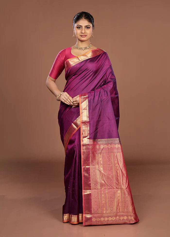 Purple Handloom Kanjivaram Pure Silk Saree With Blouse Piece - Image 2