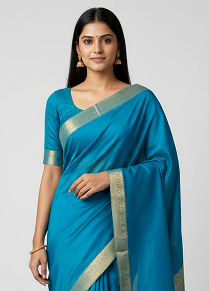 Blue Handloom Kanjivaram Pure Silk Saree With Blouse Piece - Image 2