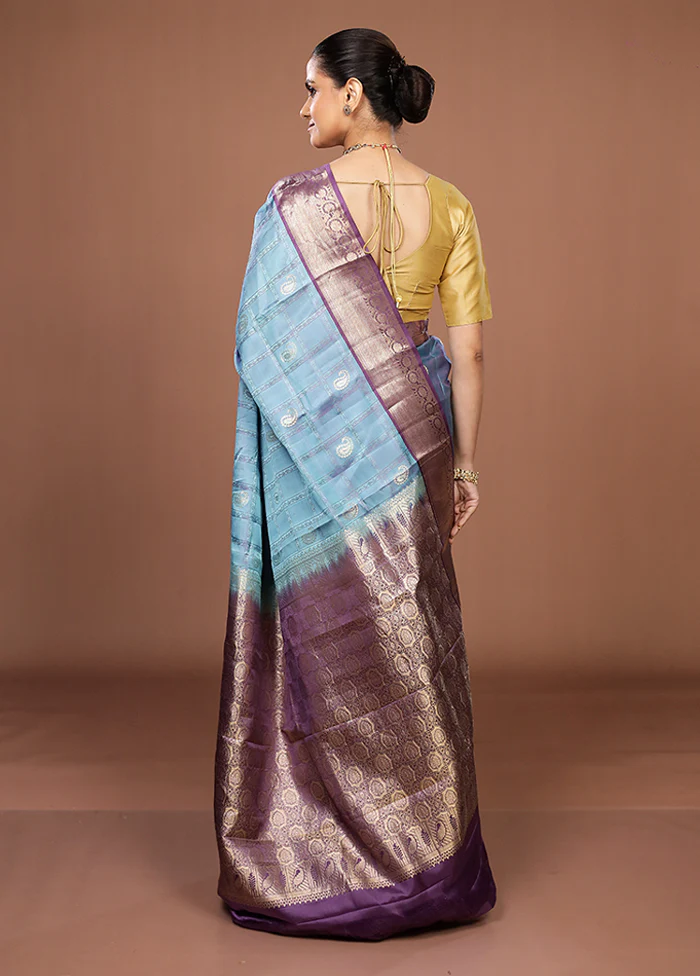 Blue Handloom Kanjivaram Pure Silk Saree With Blouse Piece - Image 3